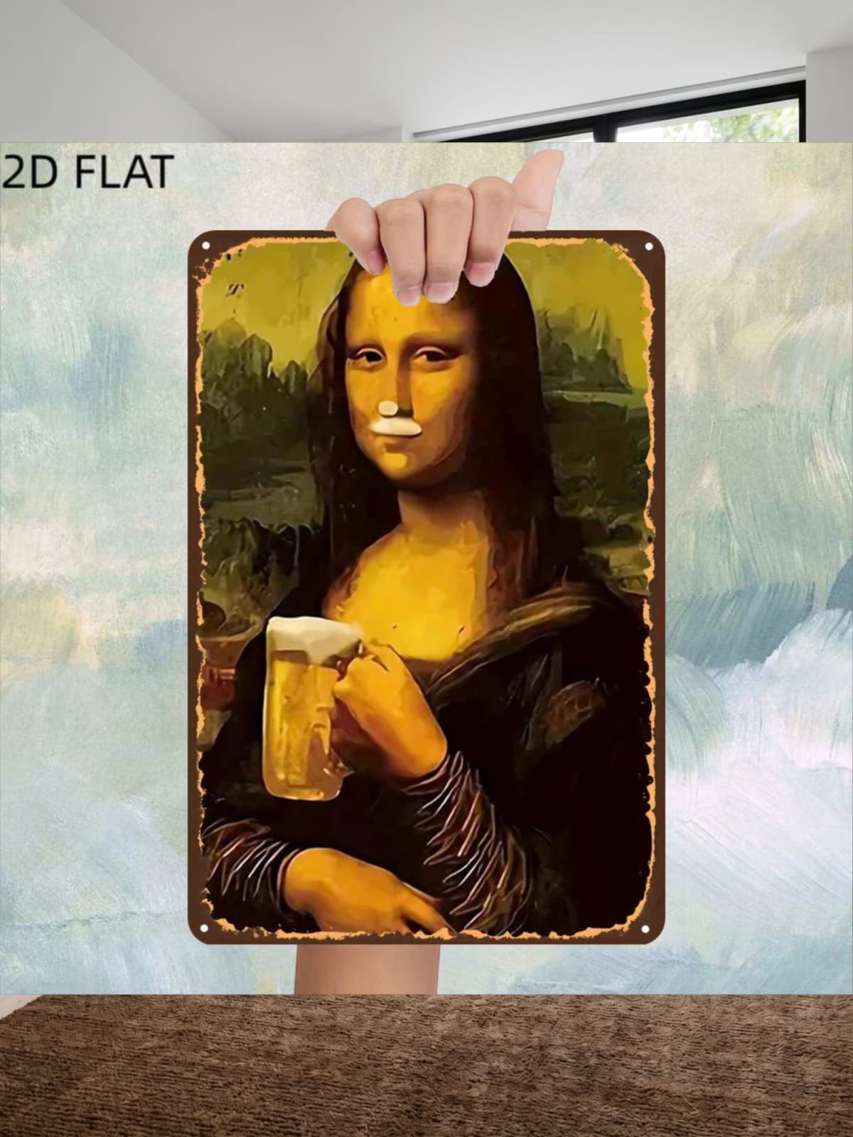 2D Flat, 2D Flat,1pc,Vintage"Mona Lisa with a Beer: A Playful Twist on the Masterpiece" Metal Iron Sign, Pre-Drilled Holes, Kitchen, And Office Wall Decoration, Home Decor Metal Signs, Office Decor, Classic Style Toilet Decoration, 2D Flat