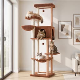 Multi-Level Cat Tree Tower with Private Condo,Top Perches,Large Soft Hammock,Interactive Pompom,Natural Sisal Scratching Posts