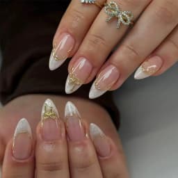24pcs Medium Almond French Tip Press-On Nails with Gold Bow Rhinestones Design for Women DIY Manicure
