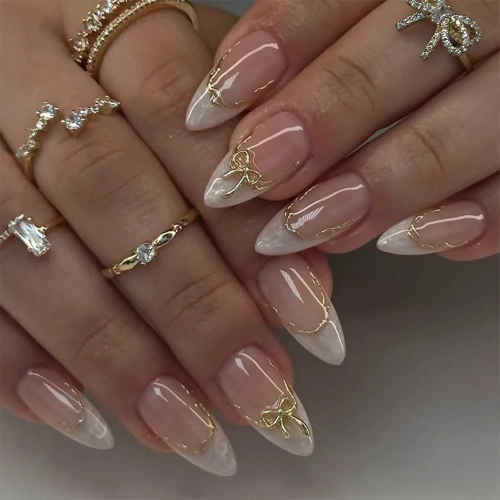 24pcs Medium Almond French Tip Press-On Nails with Gold Bow Rhinestones Design for Women DIY Manicure