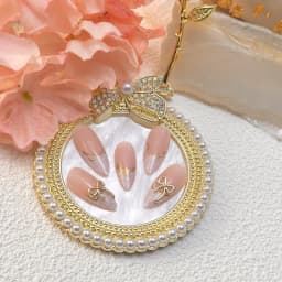 24pcs Medium Almond French Tip Press-On Nails with Gold Bow Rhinestones Design for Women DIY Manicure