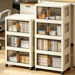 18.5in cream white foldable stackable storage cabinet, no assembly needed, foldable modular plastic storage box with transparent double doors and handles, lockable 360° rotating casters, side connectors to keep dust out and make storage visible, perfect f