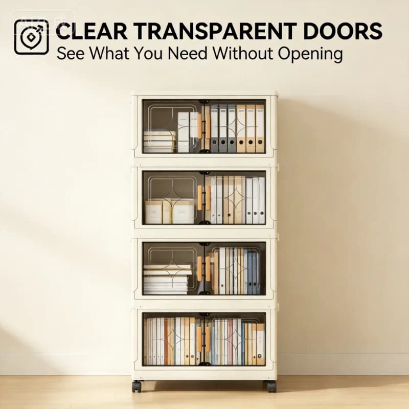 18.5in cream white foldable stackable storage cabinet, no assembly needed, foldable modular plastic storage box with transparent double doors and handles, lockable 360° rotating casters, side connectors to keep dust out and make storage visible, perfect f