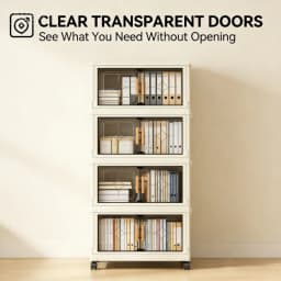 18.5in cream white foldable stackable storage cabinet, no assembly needed, foldable modular plastic storage box with transparent double doors and handles, lockable 360° rotating casters, side connectors to keep dust out and make storage visible, perfect f