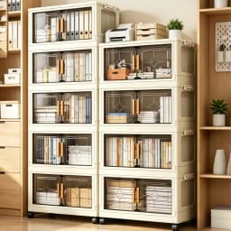 18.5in cream white foldable stackable storage cabinet, no assembly needed, foldable modular plastic storage box with transparent double doors and handles, lockable 360° rotating casters, side connectors to keep dust out and make storage visible, perfect f