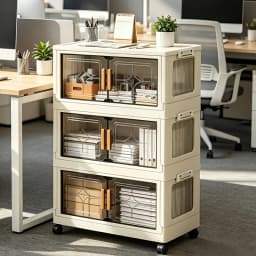 18.5in cream white foldable stackable storage cabinet, no assembly needed, foldable modular plastic storage box with transparent double doors and handles, lockable 360° rotating casters, side connectors to keep dust out and make storage visible, perfect f