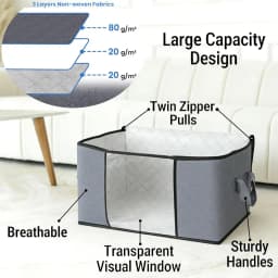 3 Pack 90L Clothes Storage Bins with Lids, Foldable Blanket Storage Bags with Zippers, Clear Window and Reinforced Handles, Closet and Organization for Clothing, Sweater, Comforter, Bedding