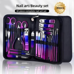 26Pcs Red Blue Gradient Nail Clipper Manicure Set Stainless Steel Nail File Cuticle Trimmer Kit Portable Storage Box Gift Manicure Pedicure Tools