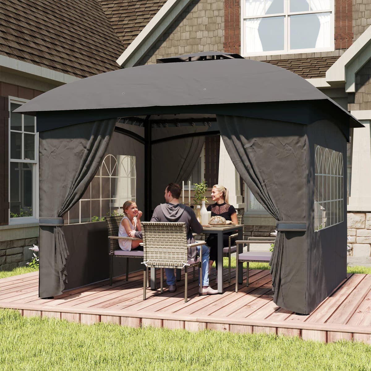 11' X 11' Outdoor Gazebo with Curtains, Church Windows Dark Gray