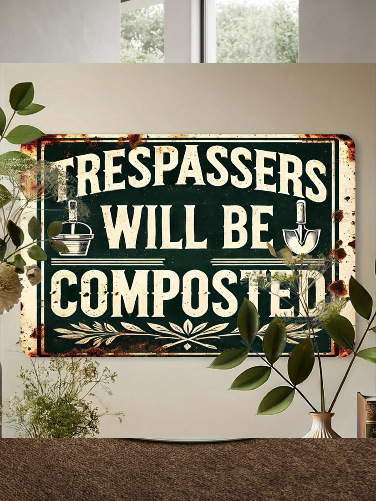 Vintage Rustic Metal Garden Sign - "Trespassers Will Be Composted" with Garden Tools Design, 8.0x12.0inch, Wall-Mounted, Retro Farmhouse Kitchen Decor, Perfect for Home or Outdoor Spaces, Garden Wall Art | Vintage Metal Sign | Weathered Finish