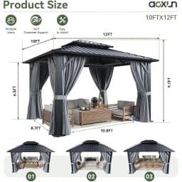 Aoxun 12x10ft Hardtop Gazebo Outdoor Pergola Canopy with Netting and Curtains Galvanized Steel Double Roof Metal Backyard Shelter Grey