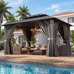 Aoxun 12x10ft Hardtop Gazebo Outdoor Pergola Canopy with Netting and Curtains Galvanized Steel Double Roof Metal Backyard Shelter Grey