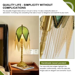 Vintage Victorian Green Fabric Pendant Light Shade, Handmade Beaded Tassel Lamp Shade Replacement, Gothic Bell Shape Clip On Lamp Cover, Decorative Lampshade for Kitchen Island Bedroom Cafe Hanging Light Fixture