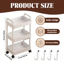 3-Tier Rolling Utility Cart with Removable Drawer, Mobile Storage Trolley with Perforated Shelves & Divided Baskets, Quick Assembly Space Saver for Kitchen, Bathroom, Office