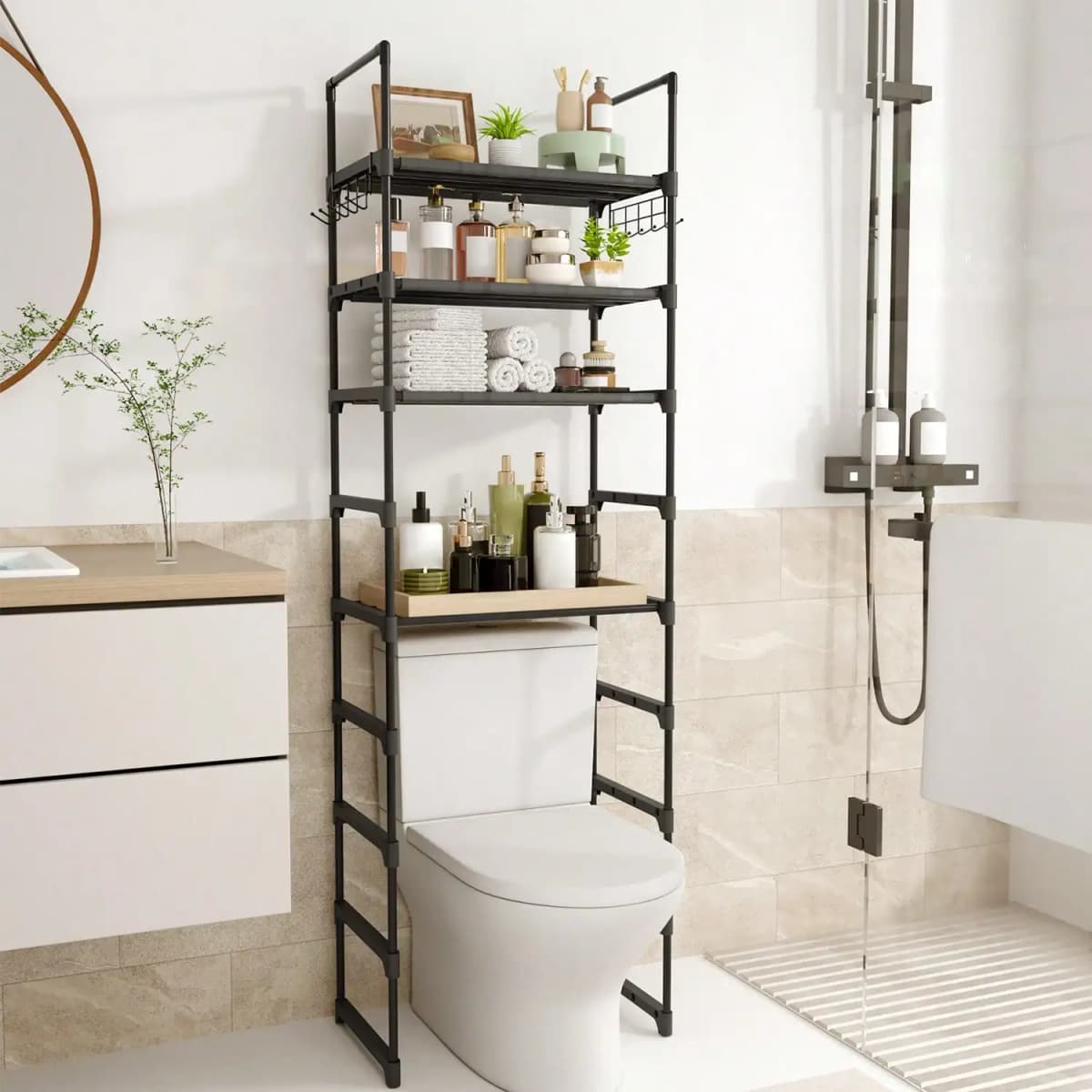 10-Tier Over Toilet Storage Rack, Adjustable Bathroom Organizer Cabinet with Space Saving Shelves, Freestanding Above Toilet Stand for Laundry Room Tissue Paper Holder