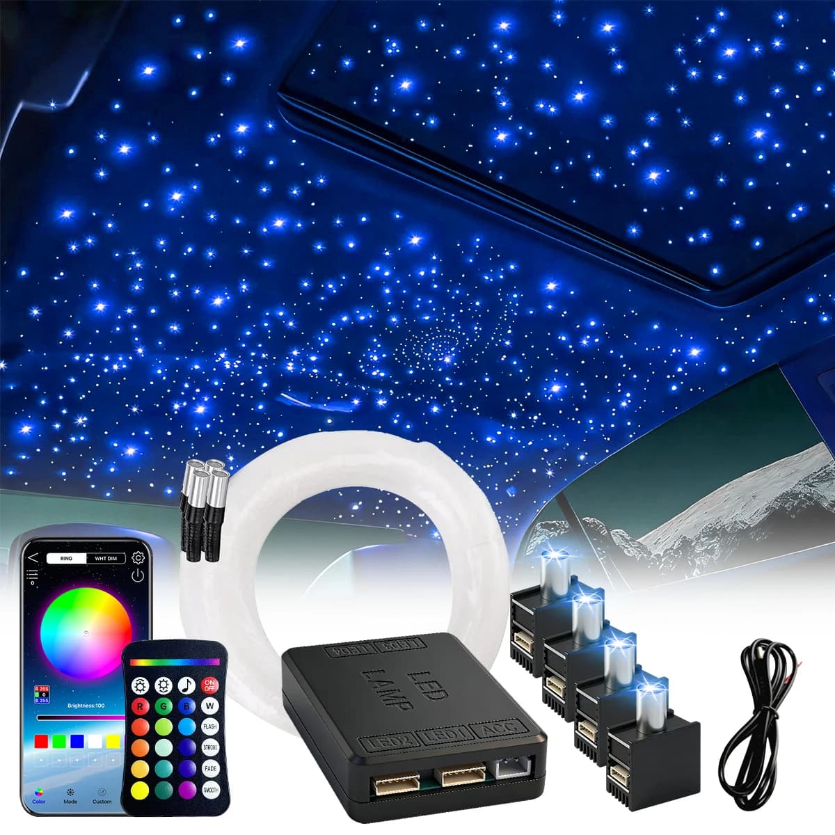 VASTFIRE Split RGBW 5W Sound Mode Light Source Starlight Headliner Kit - 300-1200pcs 0.02in 4.6ft/6.9ft, Remote/APP Control, Easy to Hide, Flexible Wiring, APP/Remote Control for Car Roof Ceiling