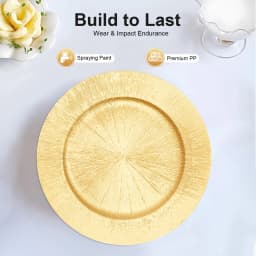 Gold Decorative Under Dinner Plate PP Sprayed Surface Impact Resistant Lightweight Stackable Design Hand Wipe Only Birthday Baby Shower Camping Picnic Catering Table Setting Charger Dish