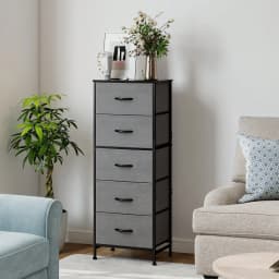 5 Drawer Dresser with Wood Top & Steel Frame, Fabric Storage Bin Chest, Sturdy Organizer for Bedroom Closet Hallway,