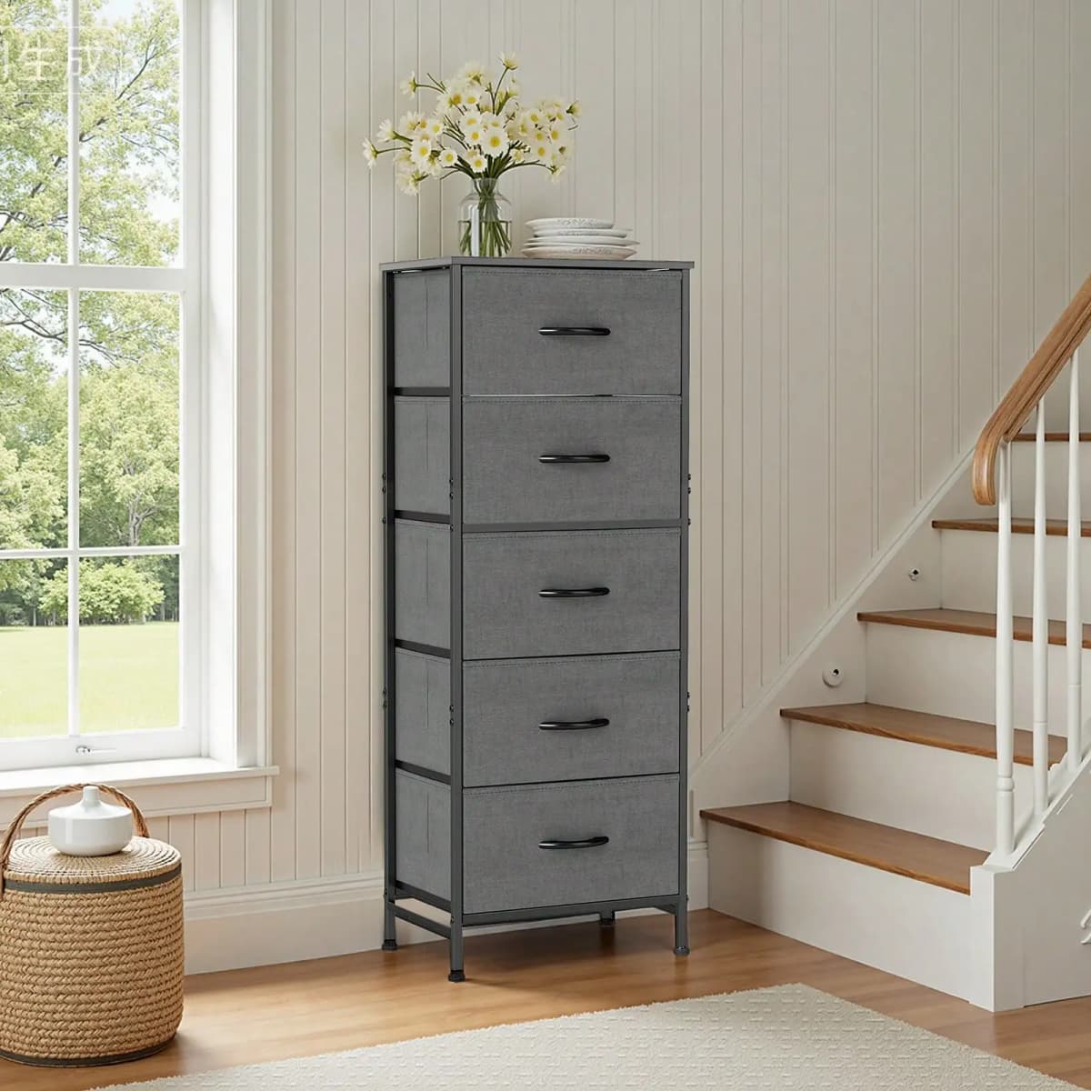 5 Drawer Dresser with Wood Top & Steel Frame, Fabric Storage Bin Chest, Sturdy Organizer for Bedroom Closet Hallway,