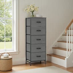 5 Drawer Dresser with Wood Top & Steel Frame, Fabric Storage Bin Chest, Sturdy Organizer for Bedroom Closet Hallway,
