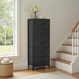 5 Drawer Dresser with Wood Top & Steel Frame, Fabric Storage Bin Chest, Sturdy Organizer for Bedroom Closet Hallway,