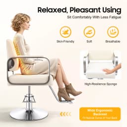Salon Chair – Pu Cushion – Ergonomic Backrest – Height Adjustable 31.9-35.4" – 360 ° Rotation – 440 Lbs Capacity – Electroplated Carbon Steel – Beige White Silver