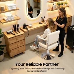Salon Chair – Pu Cushion – Ergonomic Backrest – Height Adjustable 31.9-35.4" – 360 ° Rotation – 440 Lbs Capacity – Electroplated Carbon Steel – Beige White Silver