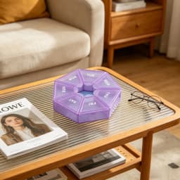 Portable 7 Day Weekly Pill Organizer, Purple Octagonal Travel Pill Box, Daily Medicine Storage Case for Vitamins, Capsules & Supplements, 1 Pack
