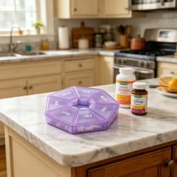 Portable 7 Day Weekly Pill Organizer, Purple Octagonal Travel Pill Box, Daily Medicine Storage Case for Vitamins, Capsules & Supplements, 1 Pack