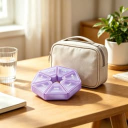 Portable 7 Day Weekly Pill Organizer, Purple Octagonal Travel Pill Box, Daily Medicine Storage Case for Vitamins, Capsules & Supplements, 1 Pack