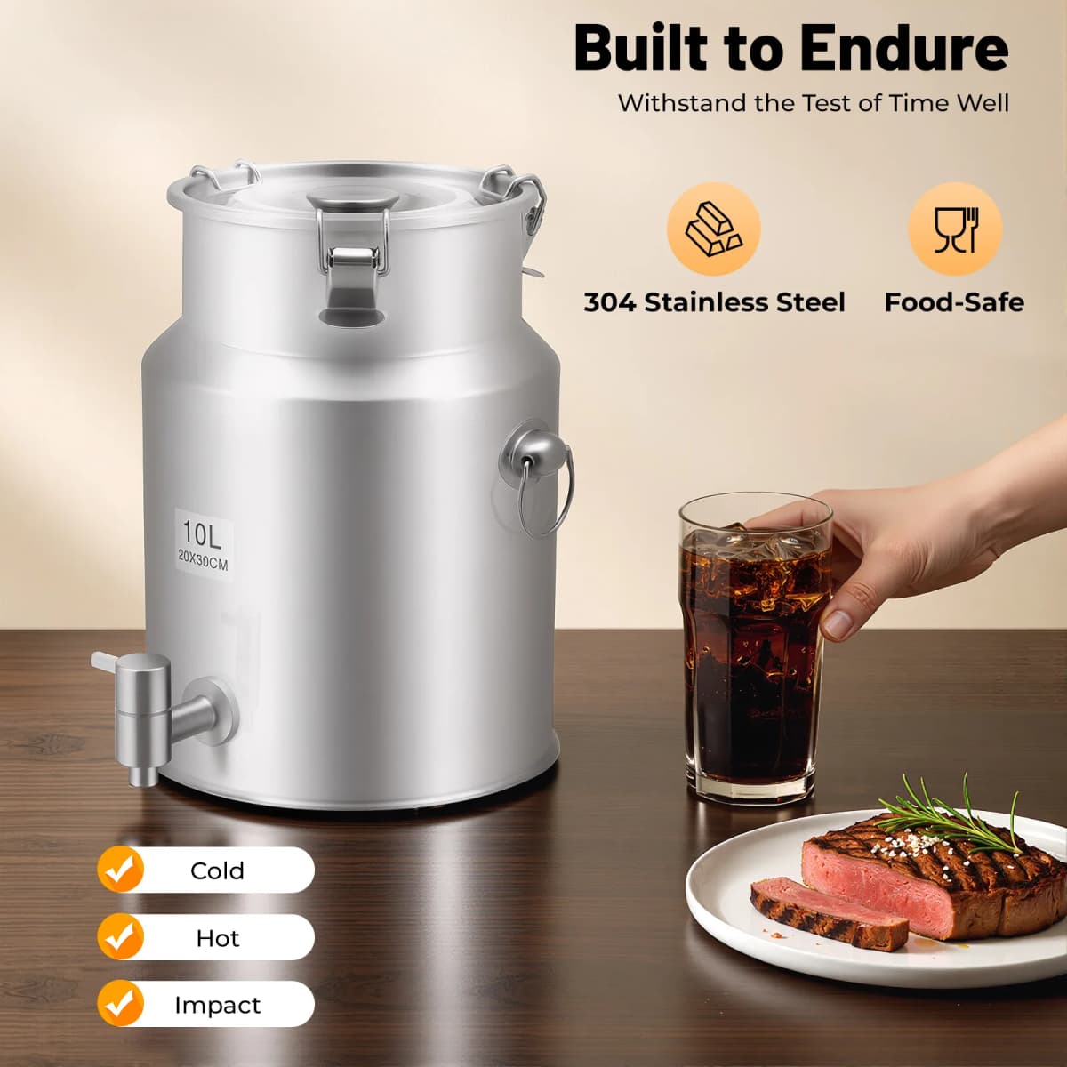 2.64Gal 304 Stainless Steel Beverage Dispenser – 10L – Leak-Proof Lid – 3 Buckles – Faucet – Hangable Lid – 7.87"x11.81" – 3.97 lbs – for Milk Juice Oil Rice Storage – Home Party – Silver