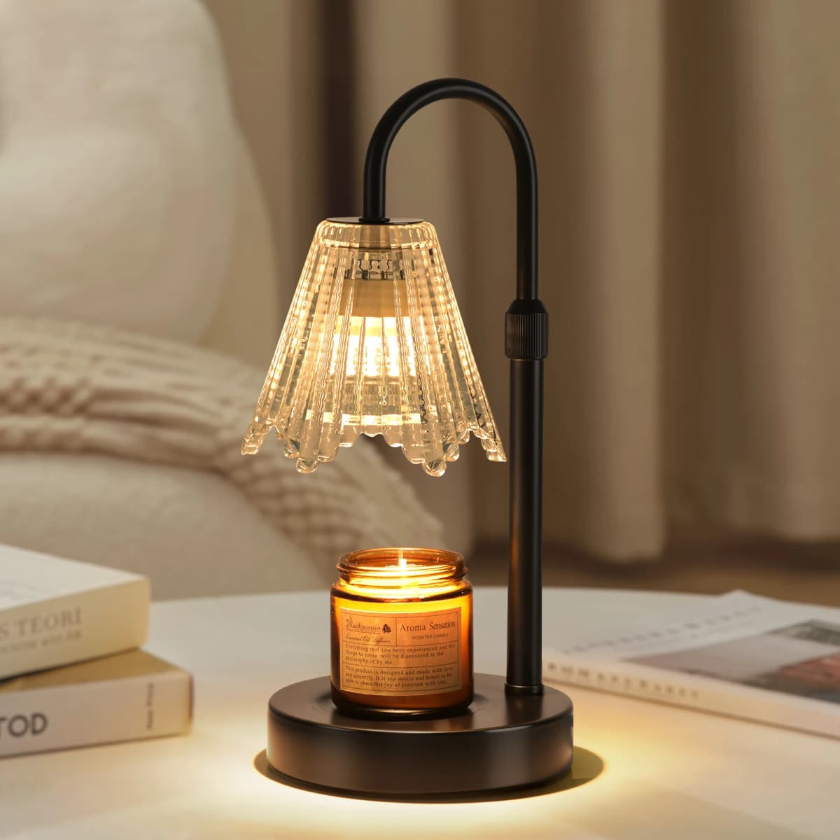 Adjustable Candle Warmer Lamp with Clear Glass Shade, Dimmable Electric Wax Melter Lamp, Curved Metal Frame Scented Candle Melting Lamp for Home Bedroom Decor, Gift for Candle Lovers