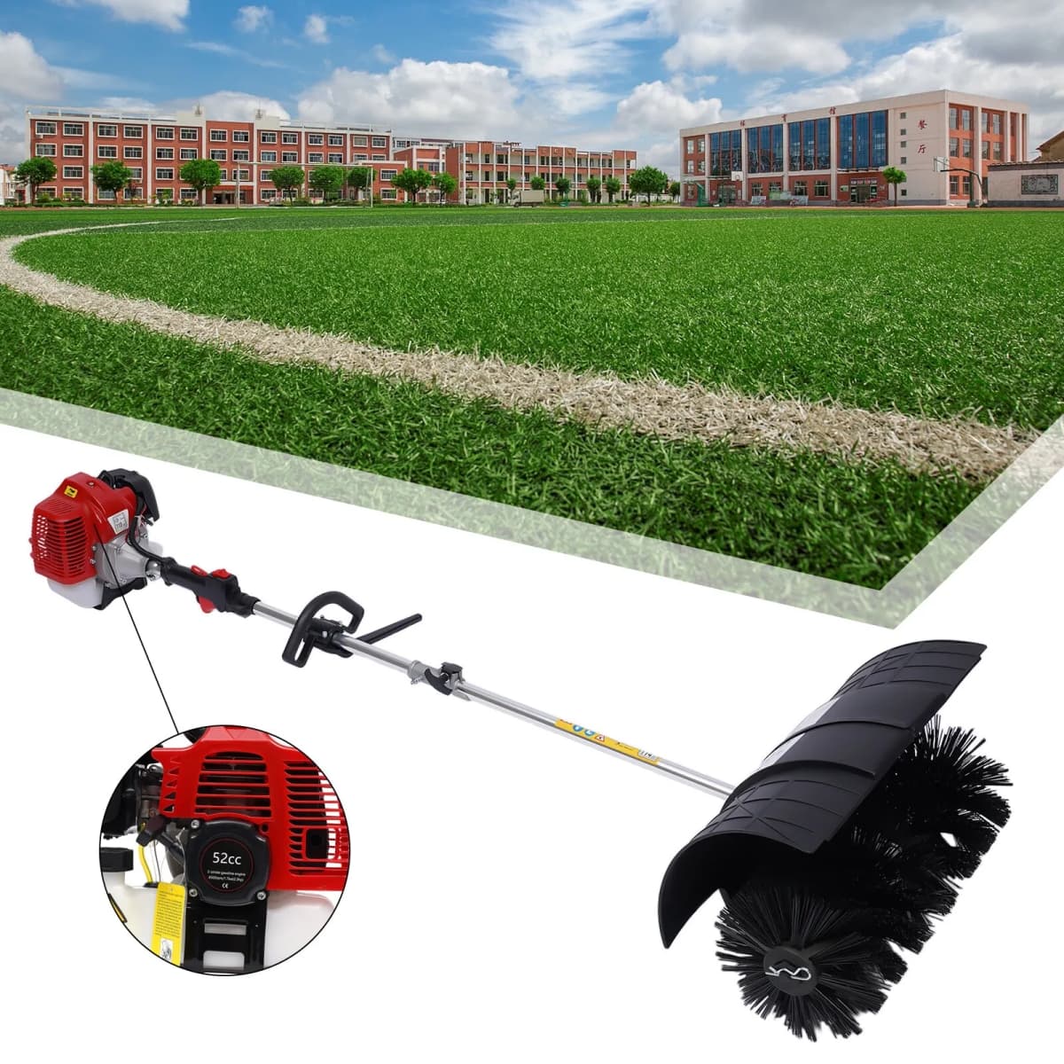 52CC 6500-8500rpm 2.3hp Multi-Purpose Handheld Sweeper Broom 2-Stroke 1-Cylinder Gas Power with Curved Baffle Quick Connector for Driveway Turf Artificial Grass Snow Clean