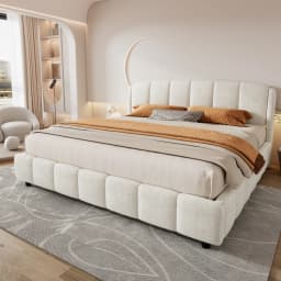 King Size Platform Bed with Boucle, Soft Boucle Fabric Upholstered Platform Bed with Curve-Shaped Design Headboard, Beige Anti-