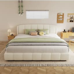 King Size Platform Bed with Boucle, Soft Boucle Fabric Upholstered Platform Bed with Curve-Shaped Design Headboard, Beige Anti-