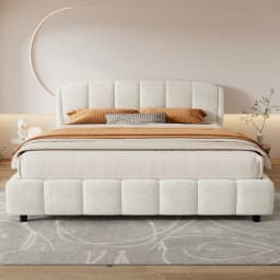 King Size Platform Bed with Boucle, Soft Boucle Fabric Upholstered Platform Bed with Curve-Shaped Design Headboard, Beige Anti-