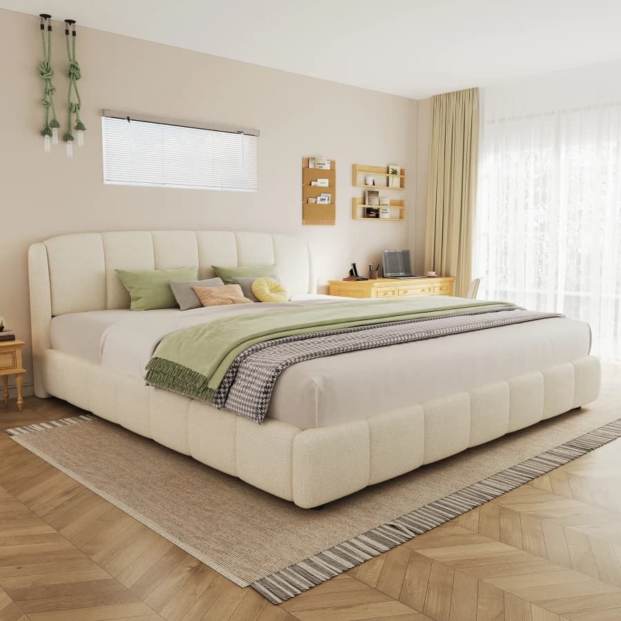 King Size Platform Bed with Boucle, Soft Boucle Fabric Upholstered Platform Bed with Curve-Shaped Design Headboard, Beige Anti-