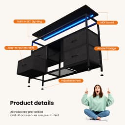 MCQ Fabric 4 Drawers Cabinet with LED Lights For Living Room Open Shelf Adjustable Feet and Media Console for 43 50 Inch TV Dresser Tables Storage Closet Chest Living Room Furniture