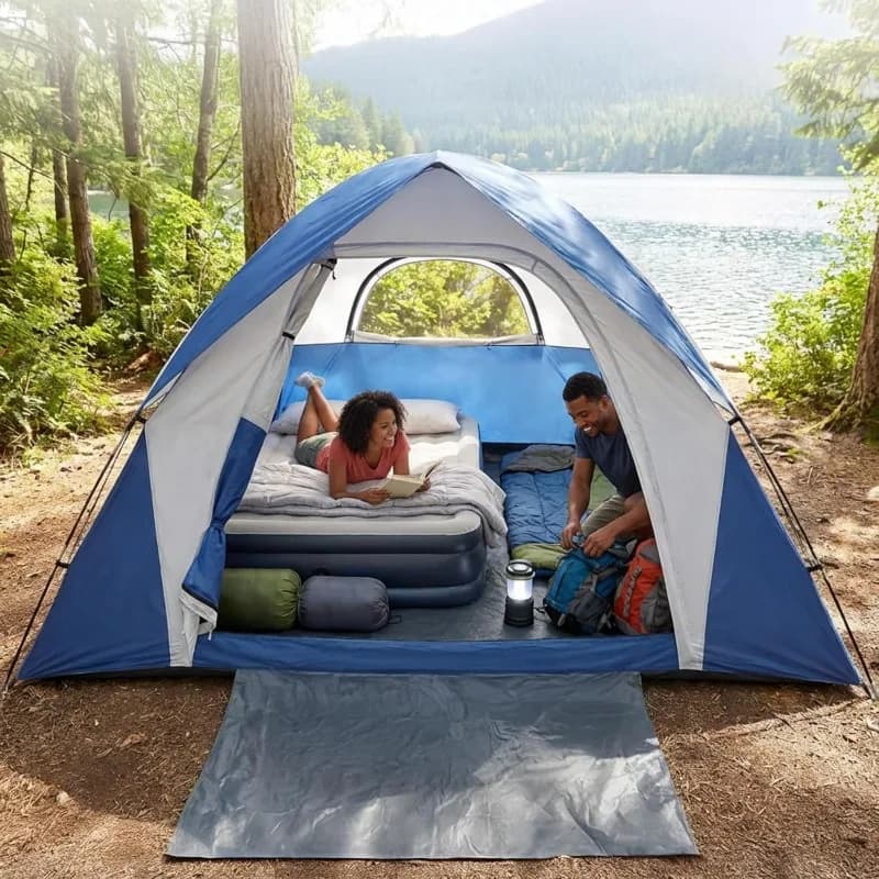 Dome Camping Tent Easy Setup for 4 Person Double Layer for Camping Hiking Blue Sports Entertainment