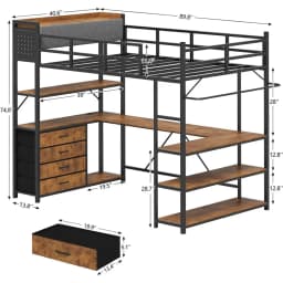 Lot Bed Twin Size with Storage Upholstered board, Metal Twin Lot Bed e with U-Shaped Desk & LED Lights, Bunk Lot Beds with Power