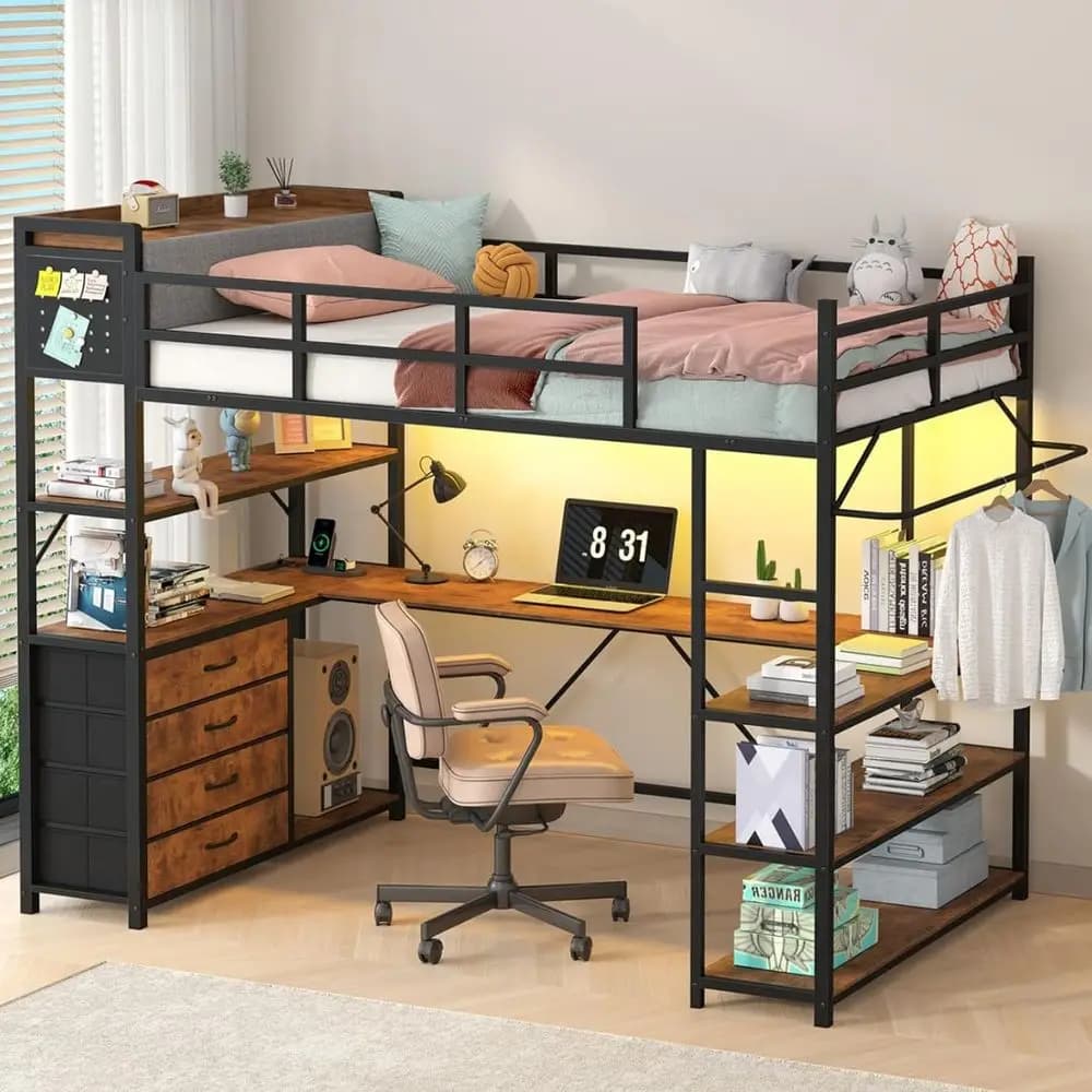 Lot Bed Twin Size with Storage Upholstered board, Metal Twin Lot Bed e with U-Shaped Desk & LED Lights, Bunk Lot Beds with Power