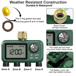 4-Zone Programmable Sprinkler Timer, Automatic Irrigation System with Rain Delay & Manual Watering, Brass Inlet Controller for Garden & Lawn