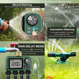 4-Zone Programmable Sprinkler Timer, Automatic Irrigation System with Rain Delay & Manual Watering, Brass Inlet Controller for Garden & Lawn