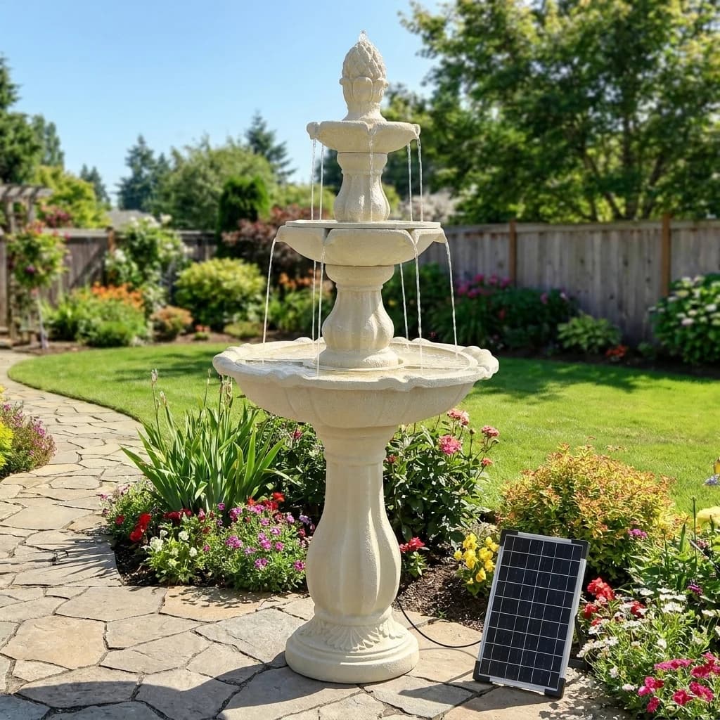 Redlife 50.5" 3-Tier Solar-Powered Outdoor Water Fountain with Pineapple Finial – Resin Cascading Water Feature, Weather-Resistant for Garden, Patio & Backyard Decor, White