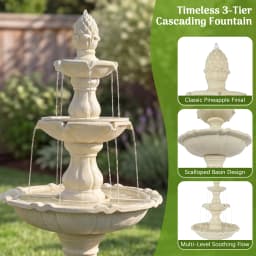 Redlife 50.5" 3-Tier Solar-Powered Outdoor Water Fountain with Pineapple Finial – Resin Cascading Water Feature, Weather-Resistant for Garden, Patio & Backyard Decor, White