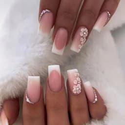 24 PCs Short French Simple Flower Pile Drill Nails with 1 Jelly Glue and 1 Nail File