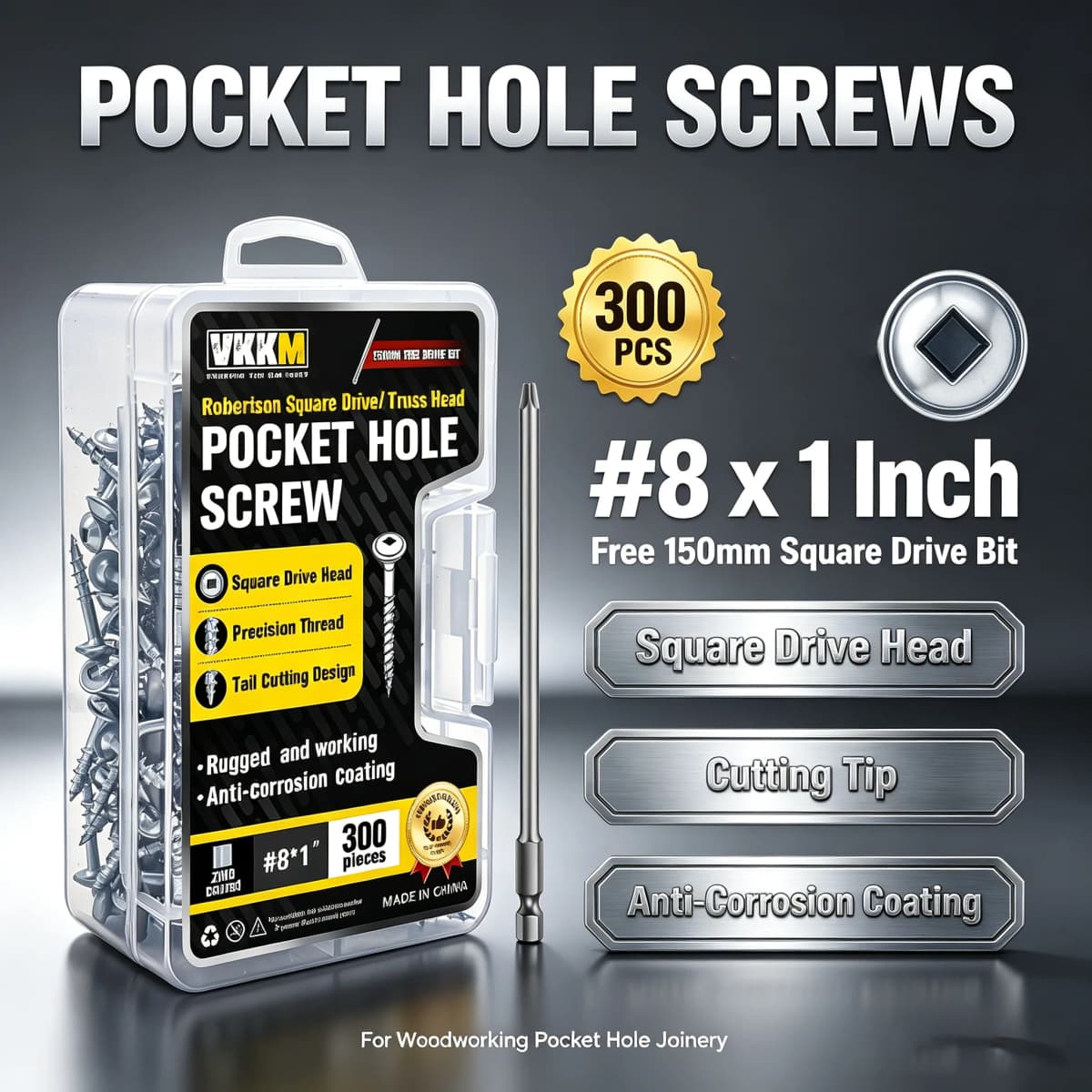 VKKM #8X1" Pocket Hole Screws, Robertson Square Drive Truss Head Coarse Thread Wood Screws, 300PCS with 150mm Square Drive Bit, Self Tapping Wood Fastener for Furniture Cabinet Woodworking