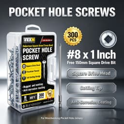 VKKM #8X1" Pocket Hole Screws, Robertson Square Drive Truss Head Coarse Thread Wood Screws, 300PCS with 150mm Square Drive Bit, Self Tapping Wood Fastener for Furniture Cabinet Woodworking