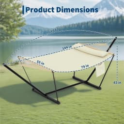 2-Person Hammock with Stand for Outside, 450lbs Double Hammock with Balance Rope and Pillow, Polyester Hammock Set for Backyard Poolside Camping Beach, Off White