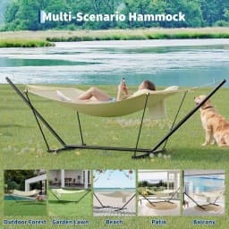 2-Person Hammock with Stand for Outside, 450lbs Double Hammock with Balance Rope and Pillow, Polyester Hammock Set for Backyard Poolside Camping Beach, Off White